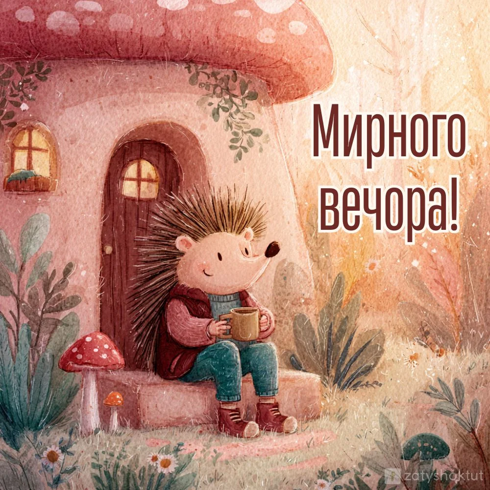 Їжачок сидить на сходинках свого будинку та пʼє чай