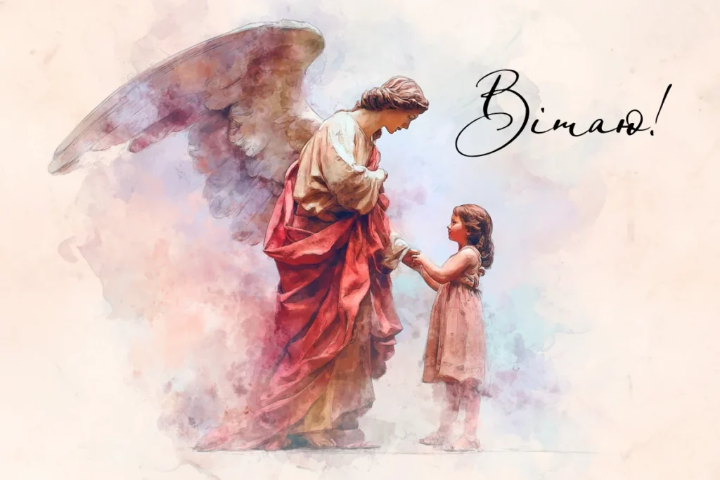 Ілюстрація ангела-охоронця поруч із дитиною та напис Вітаю!