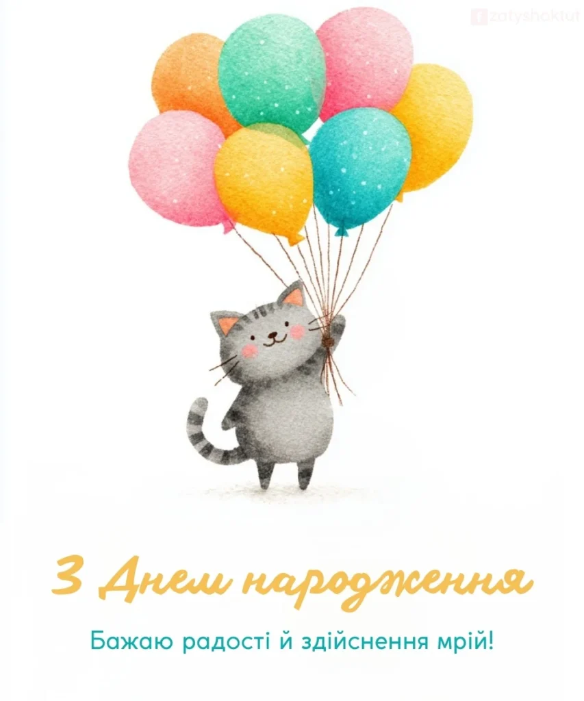 Котик з повітряними кульками з написом “З Днем народження”
