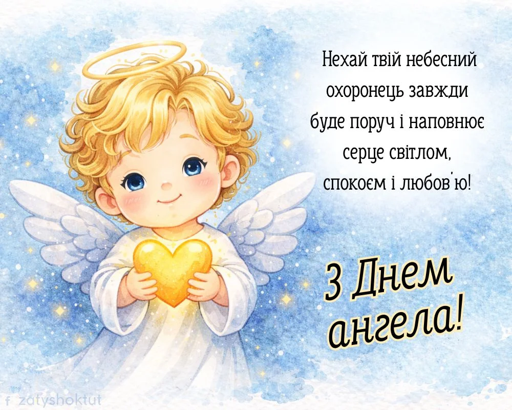 Милий ангелочок тримає сяюче серце на фоні неба