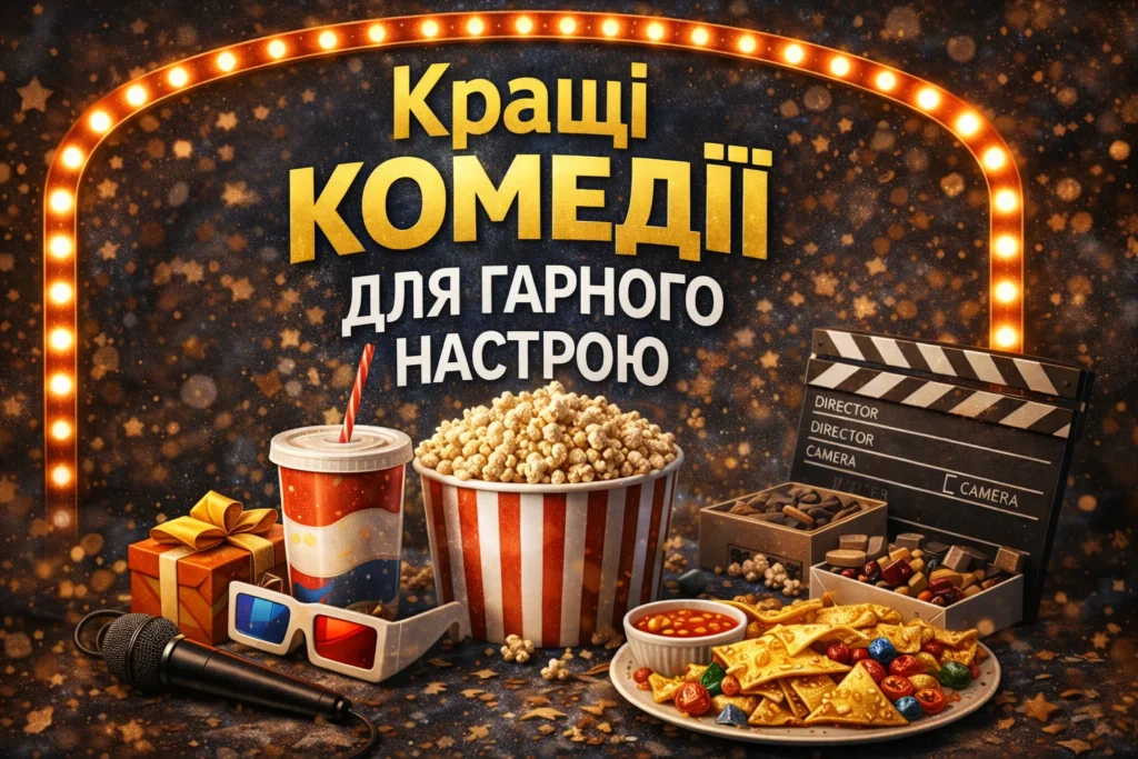 Постер із попкорном, напоями, 3D-окулярами, мікрофоном та кіноатрибутами