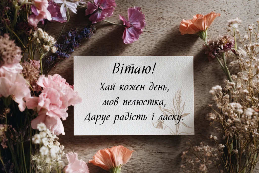 Листівка з квітами і текстом побажання радості та ласки