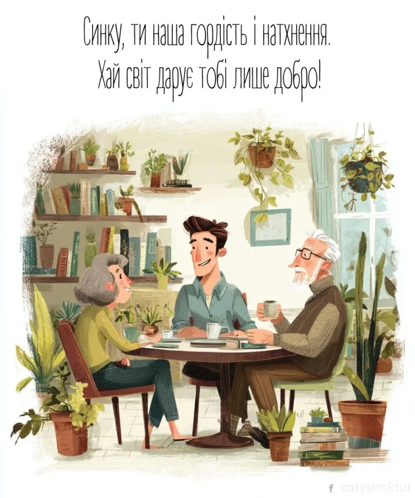 Молодий чоловік сидить за столом з батьками