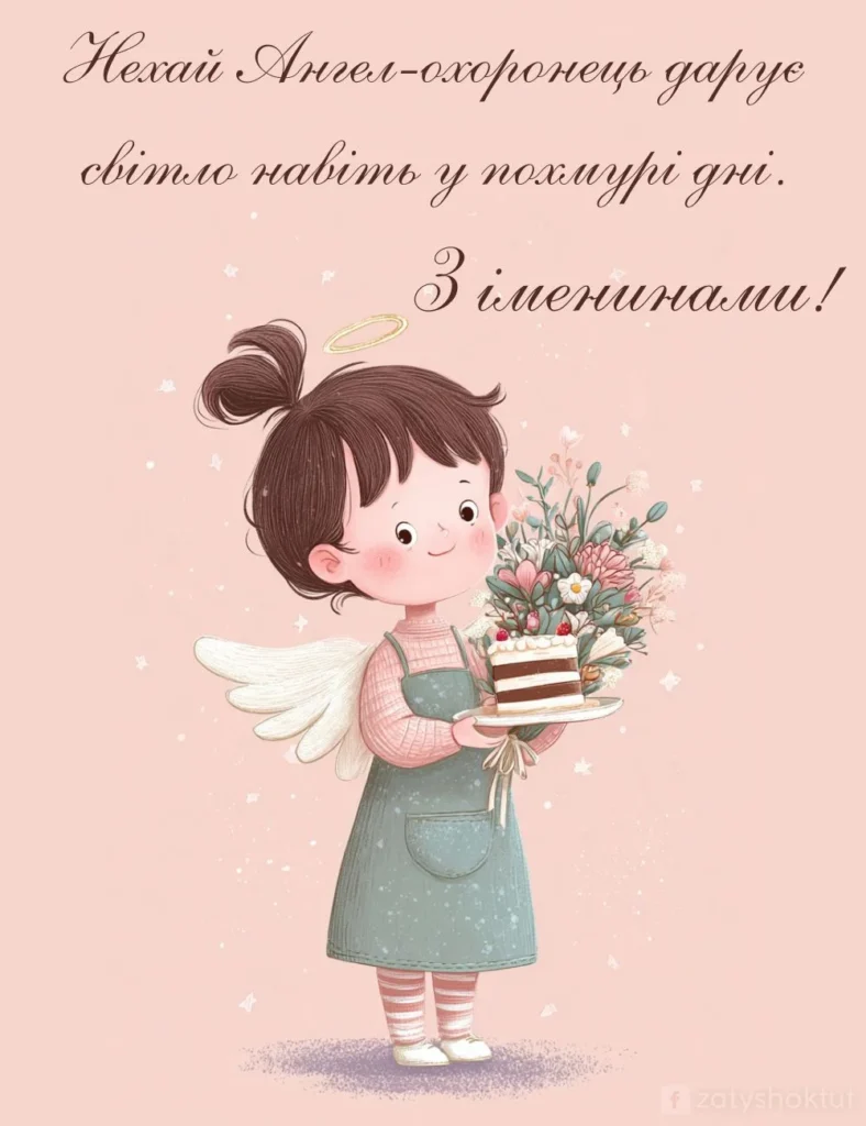 Дівчинка-янгол тримає торт і квіти, привітно посміхаючись