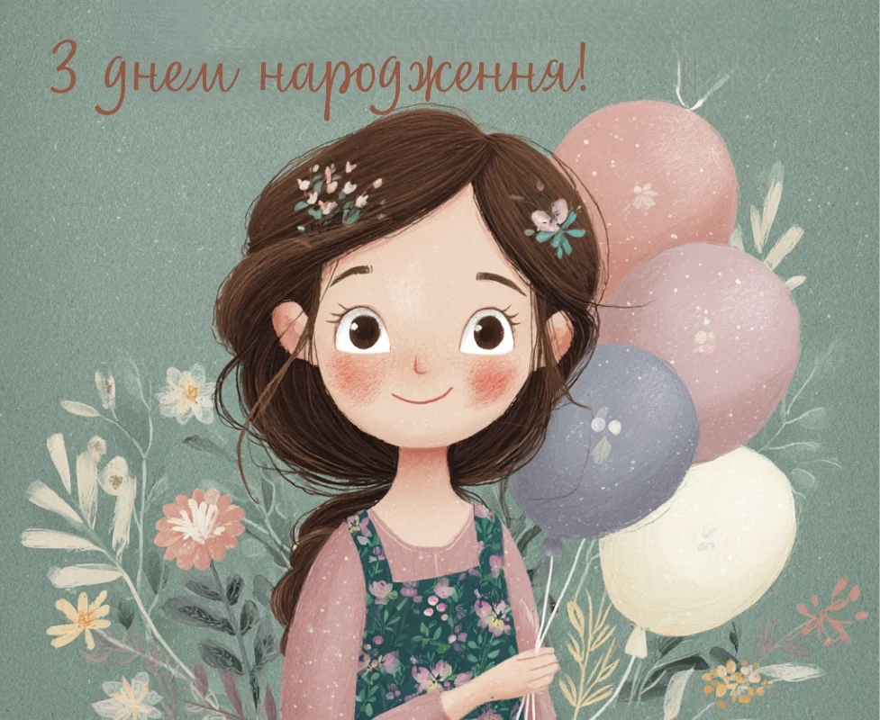 Дівчинка з повітряними кульками і написом З днем народження