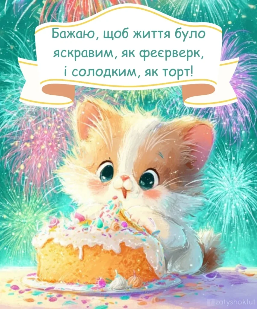 Милий котик з тортом для привітання дитині з Днем народження