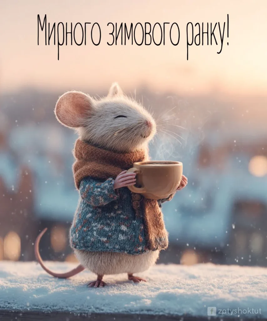 Мишеня в зимовому одязі стоїть на снігу та тримає чашку