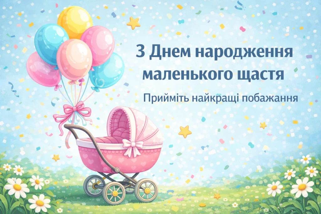 Рожева коляска та повітряні кульки з народженням доні