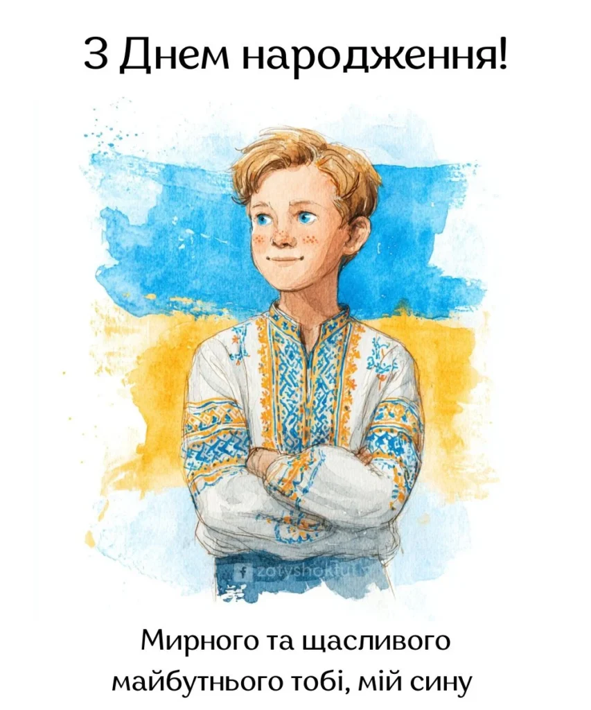 Хлопчик у вишиванці на фоні українського прапора