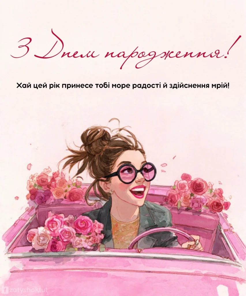 Щаслива жінка в авто з написом “З днем народження”