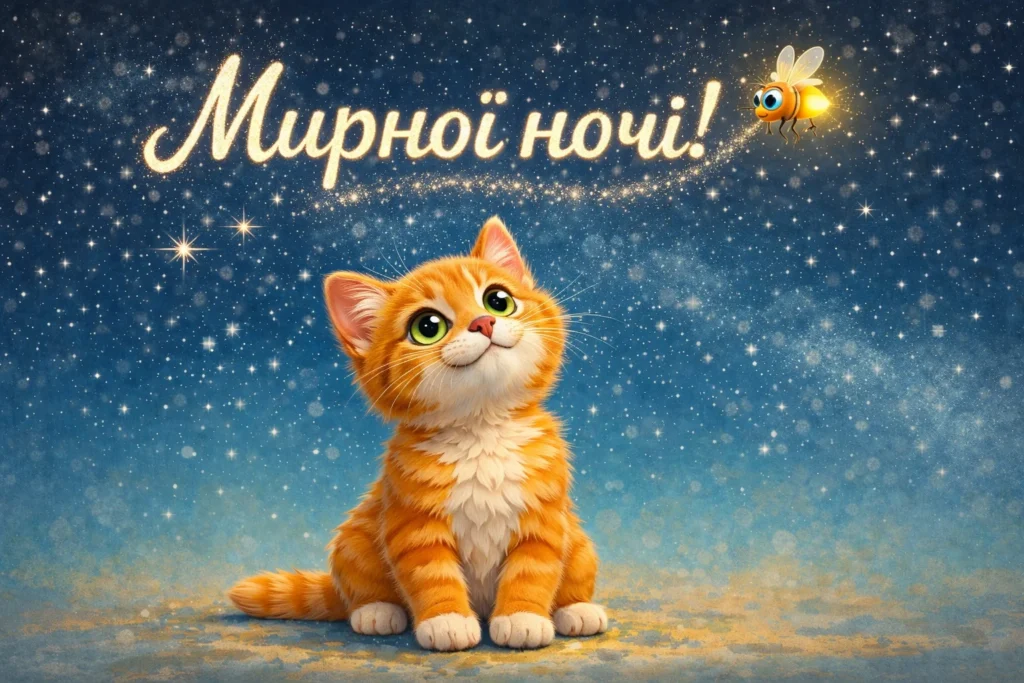рудий котик дивиться на небо, всіяне зорями і бажає мирної ночі