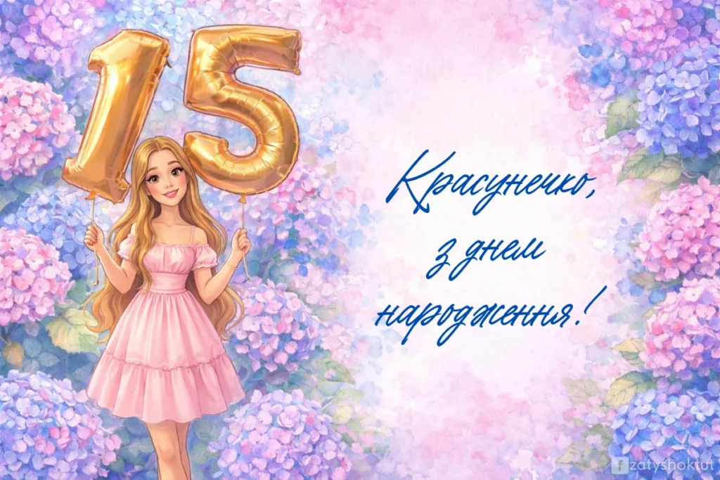 Дівчинка із кульками з цифрою 15 стоїть посеред гортензій.