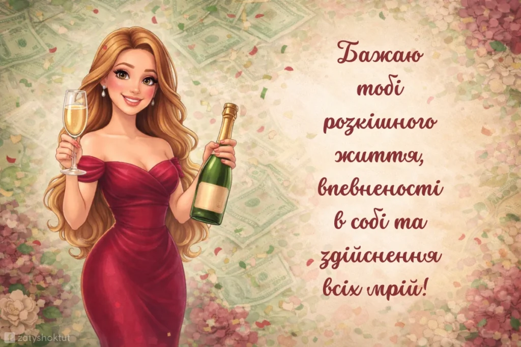 Дівчина у червоній вечірній сукні з шампанським у руці на фоні грошей і конфеті