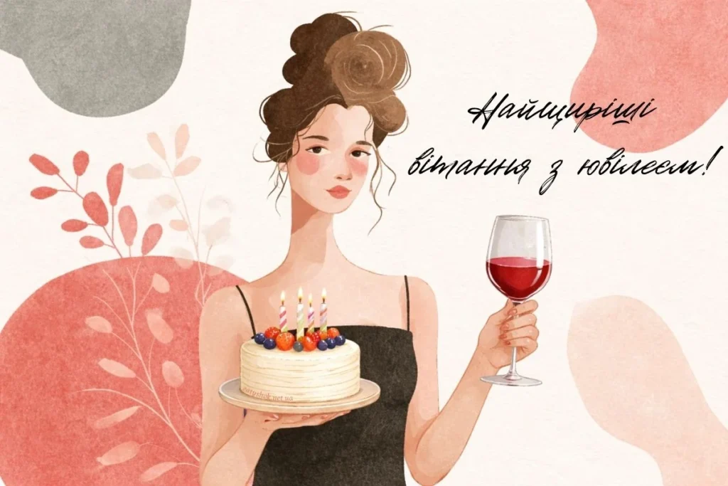 Жінка з тортом та келихом вина