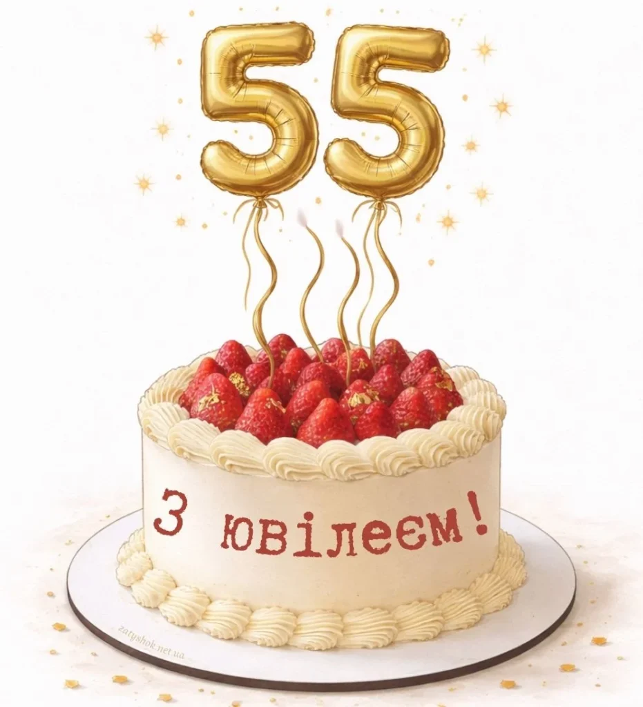 Білий торт з малиною і цифрами 55