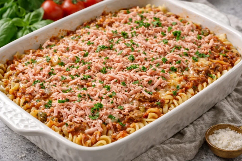Лазанья з макаронів та шинки