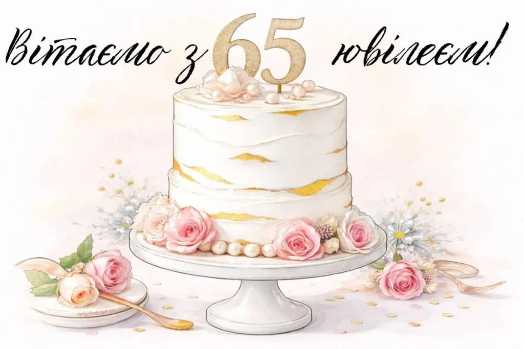 Красивий білий торт з цифрами 65