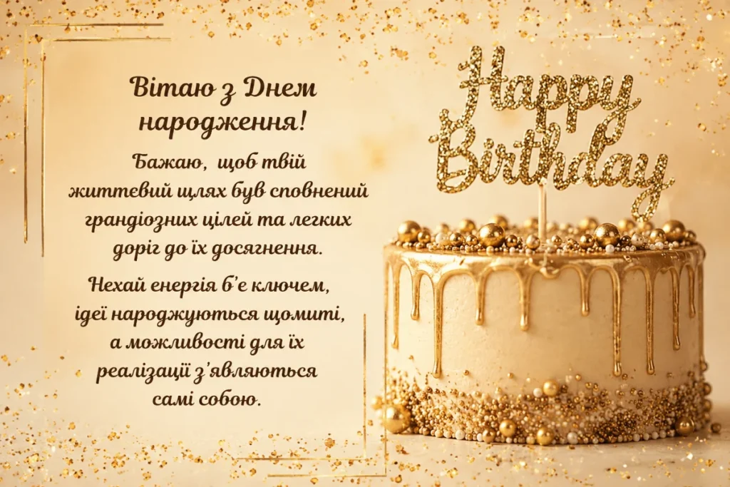 Торт у золотих відтінках з привітанням для іменинника