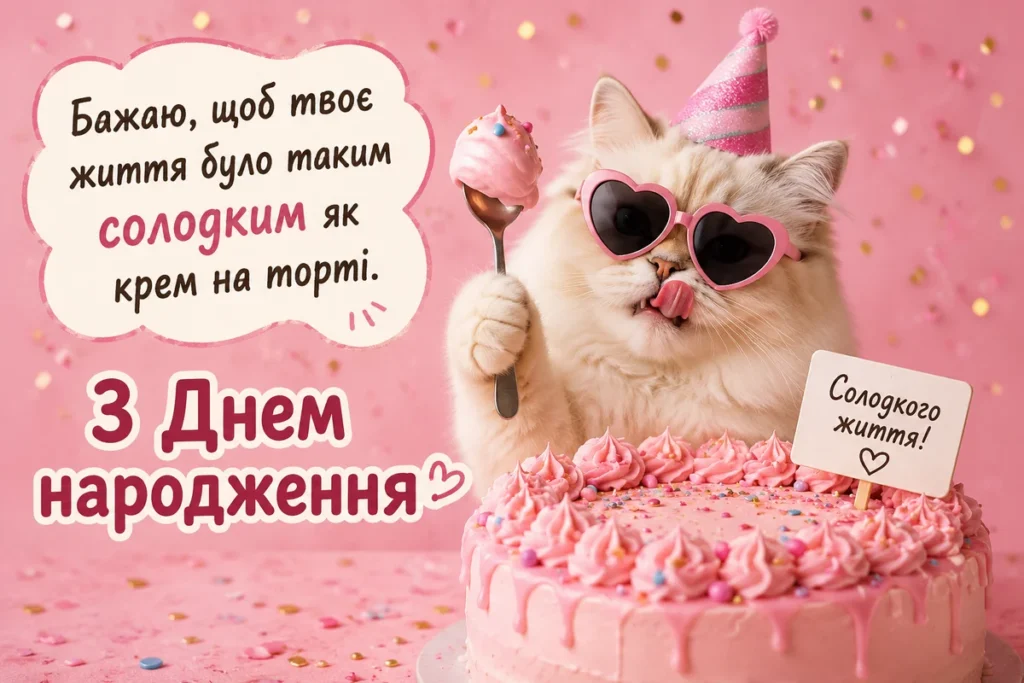 Котик вітає з днем народження та бажаю солодкого життя