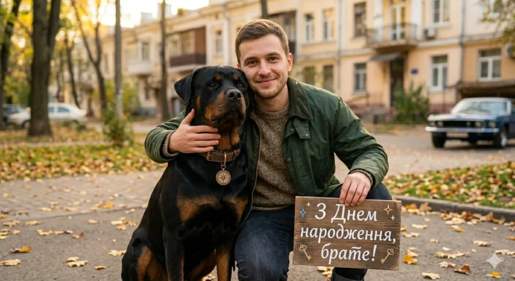 Молодий чоловік з ротвейлером тримає табличку