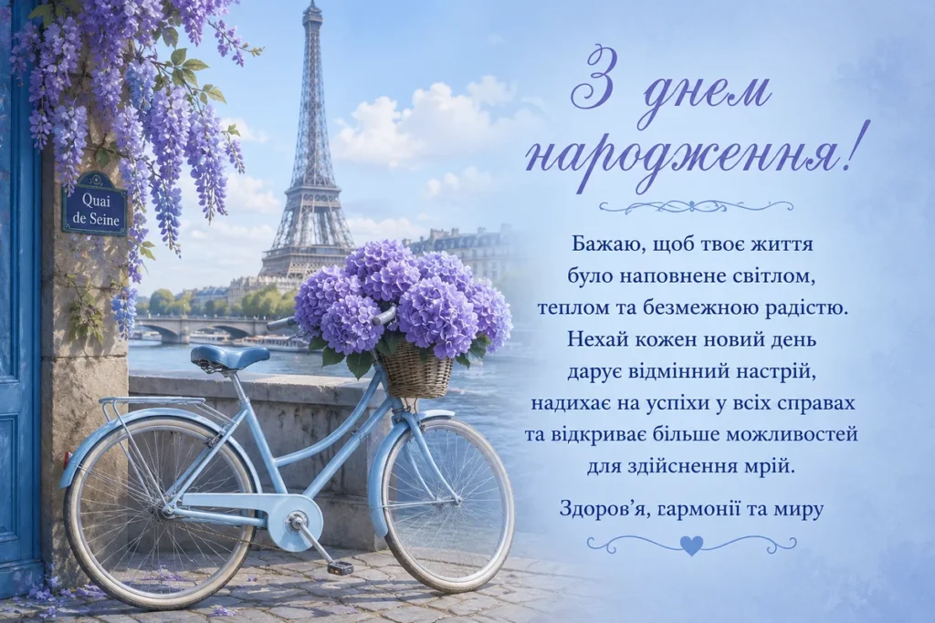 Букет квітів у корзині велосипеду, на фоні Парижу