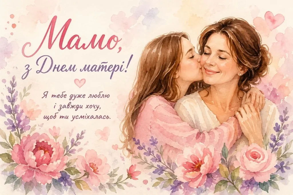 Доня цілує свою маму у ніжних квітах