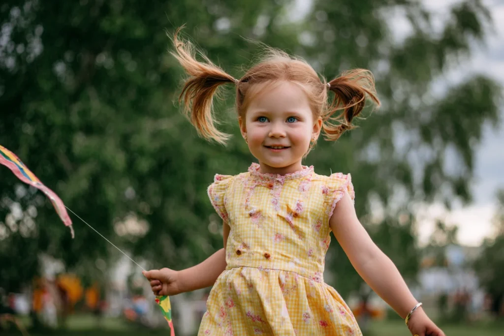Дитина з хвостиками грається на вулиці з повітряним змієм
