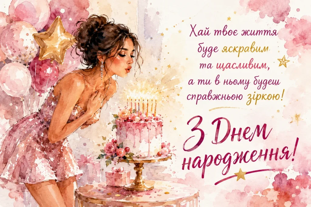 Жінка задуває свічки на торті