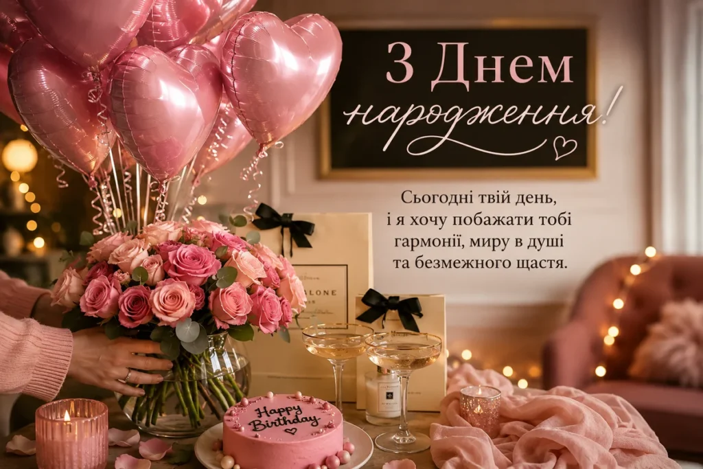 Привітання з днем народження з рожевим тортом, кульками та трояндами