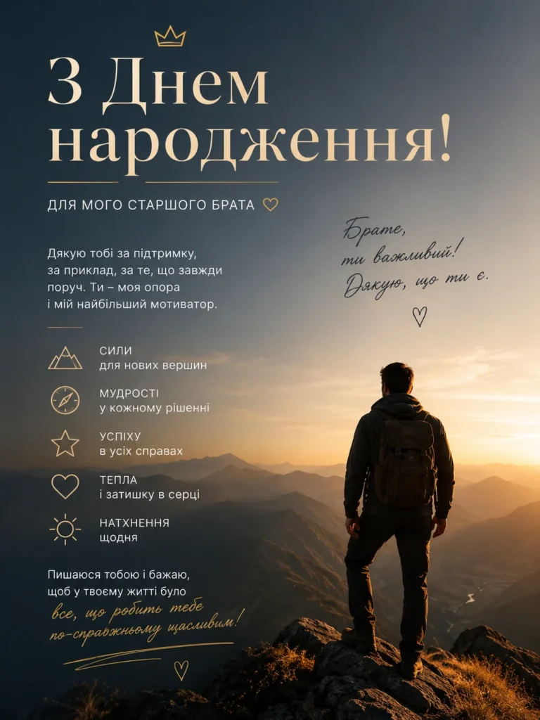 Чоловік стоїть на горі і дивиться на гори