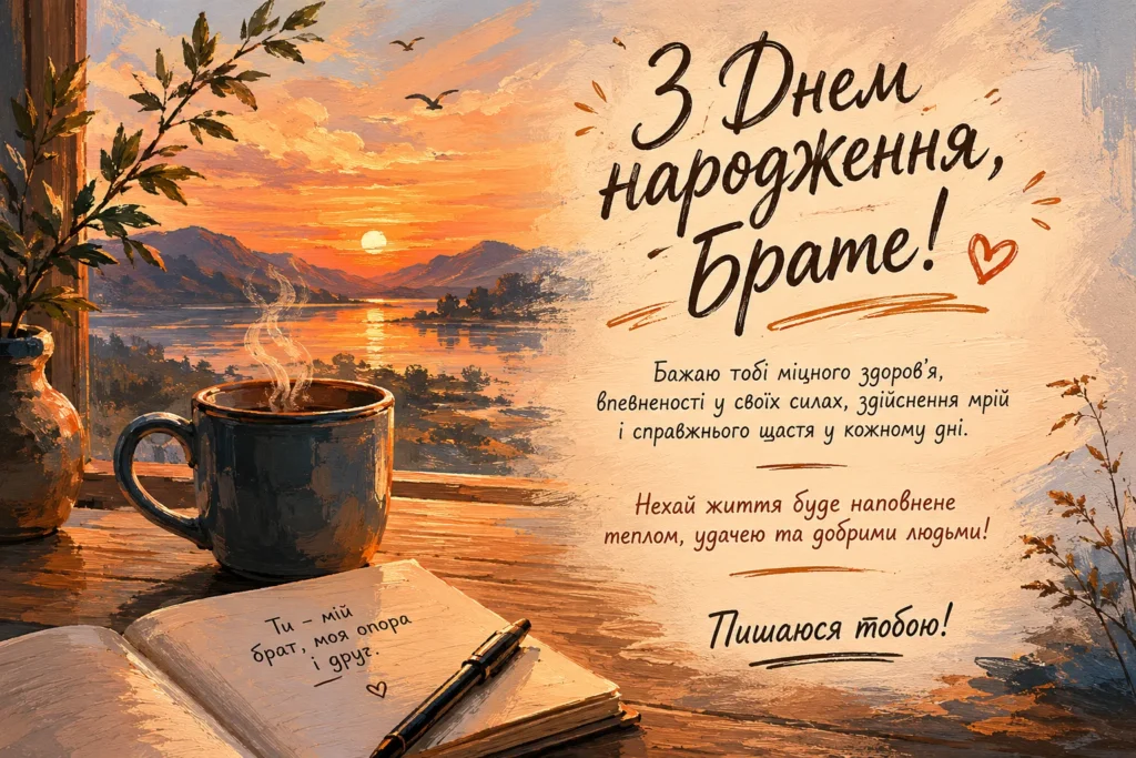 Затишна акварельна листівка з теплим привітанням для брата, чашкою кави біля вікна та гірським пейзажем на заході сонця