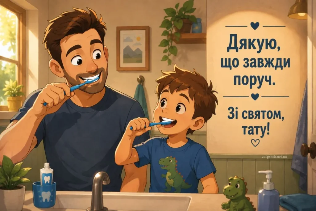 Тато і син чистять зуби разом