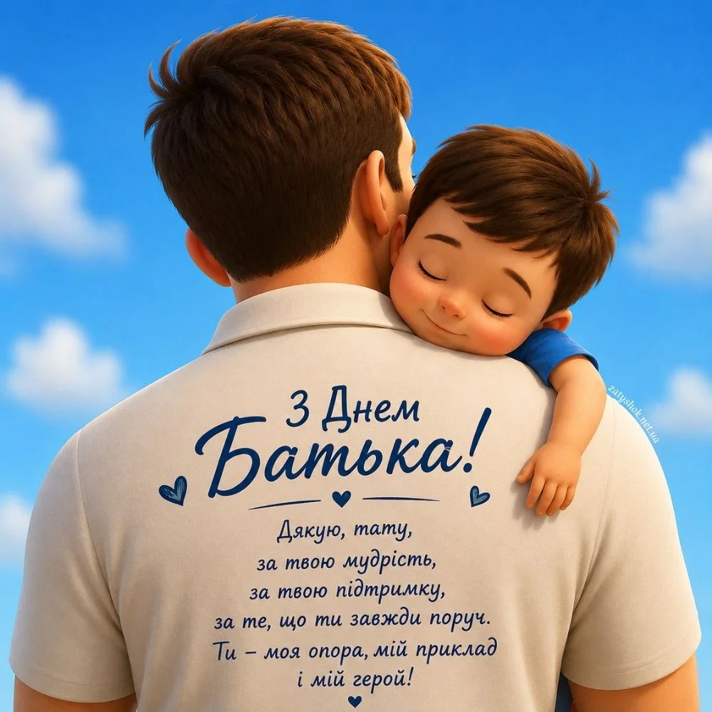 Хлопчик обіймає тата на фоні синього неба