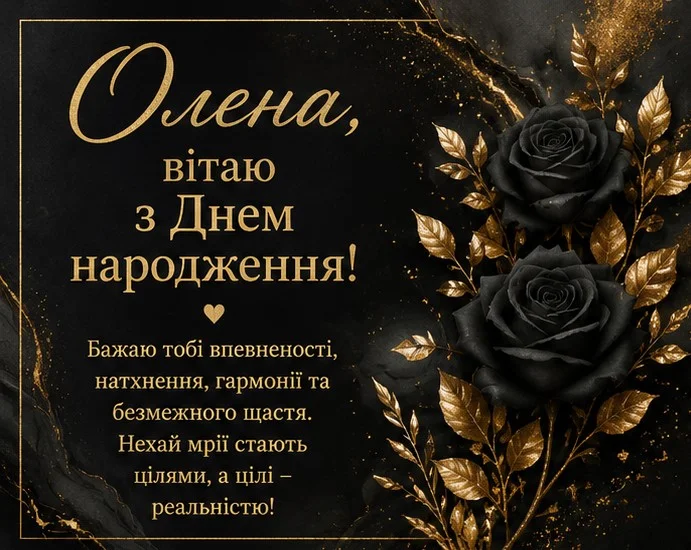 Сміливе рішення – чорна листівка з золотими акцентами та приємними словами для Олени