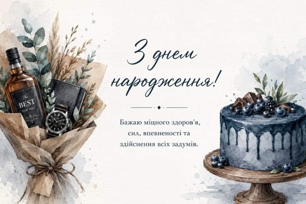 Чоловіча листівка із тортом та букетом