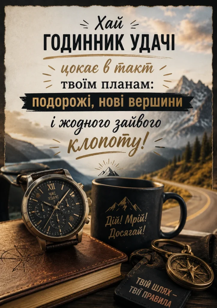 Листівка для чоловіка із горами, годинником та чашкою