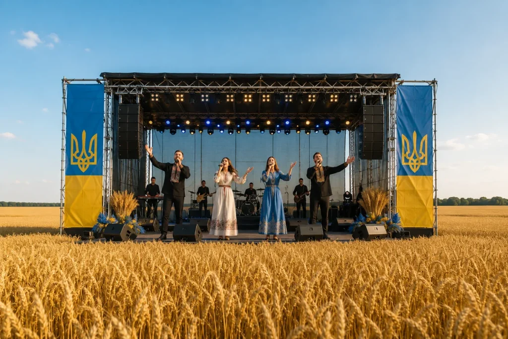 Співаки виконують пісні про Україну в полі пшениці