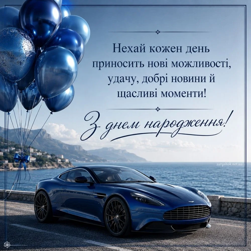 Листівка із привітанням та машиною і кульками у синіх тонах