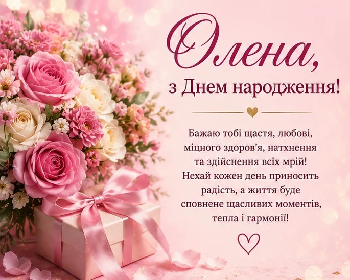 Рожева листівка для Олени з букет троянд, подарунком та щирим привітанням з Днем народження
