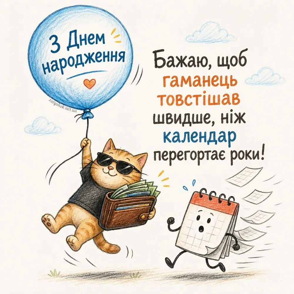 Прикольне привітання із котом, що тримається за кульку