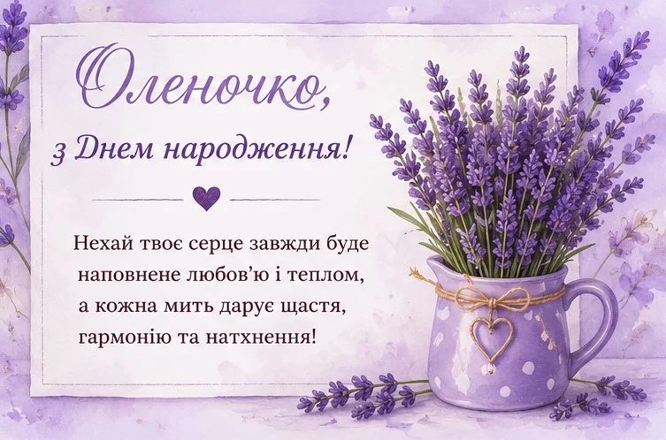 Ніжна листівка у бузково-фіолетових тонах з ласкавим звернення «Оленочко»