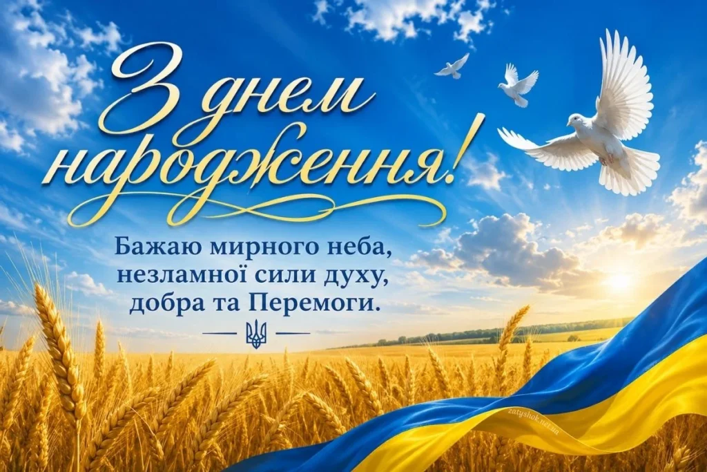 Патріотична листівка із голубом. синім небом та полем пшениці