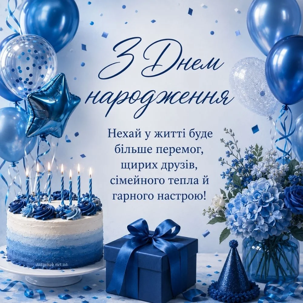 Привітальна листівка із подарунком, тортом, букетом та кульками у синьому кольорі