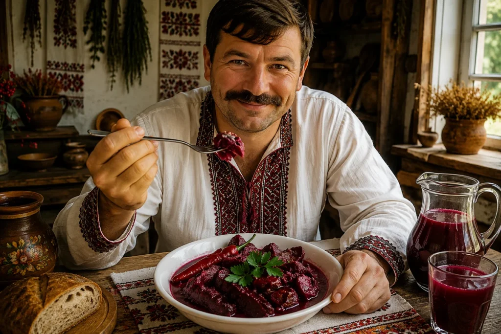 Чоловік в українському вбранні смакує шпундрою