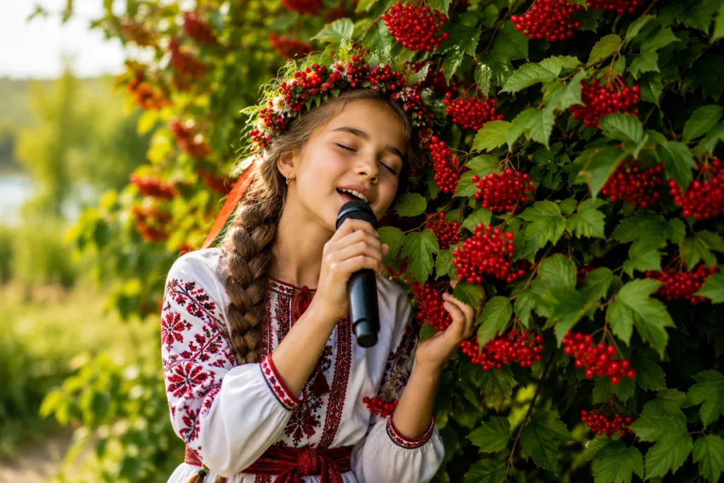 Дівчинка співає пісню про Україну біля куща калини