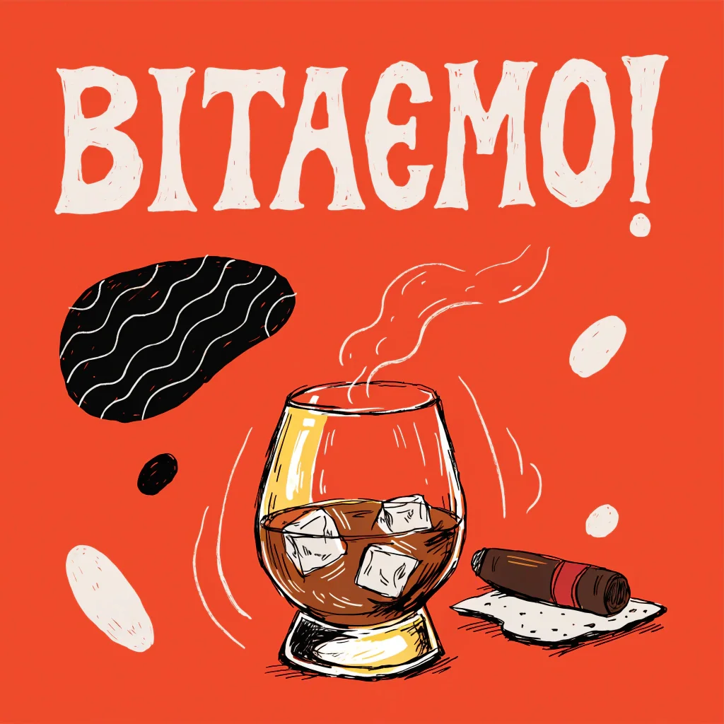 Ілюстрація з віскі та сигарою на червоному фоні