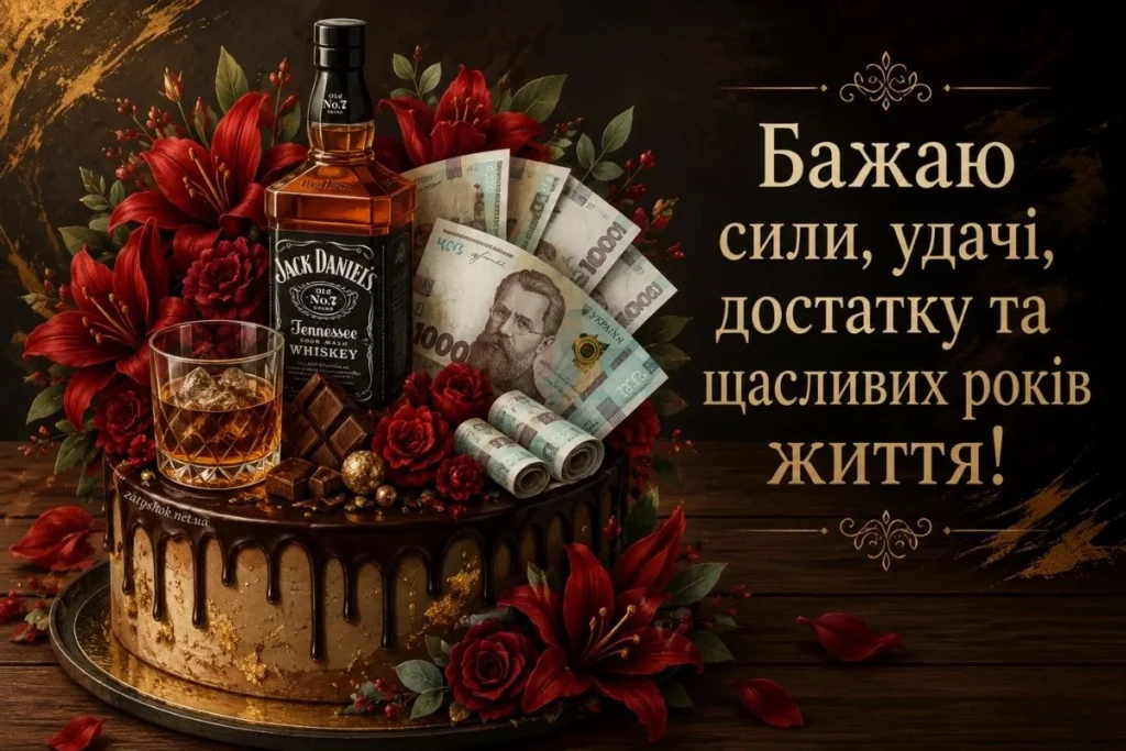 Чоловічий торт із грошима, віскі та червоними квітами