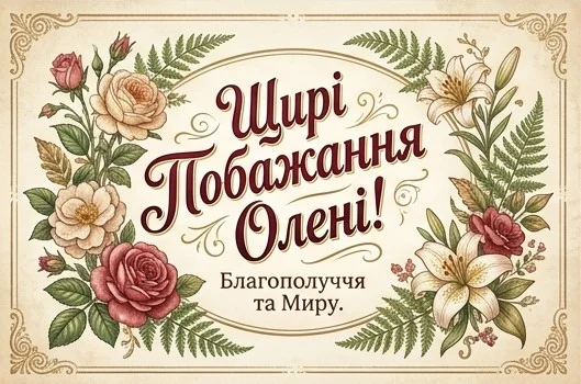 Гарна листівка з щирими побажаннями Олені у ретро-стилі