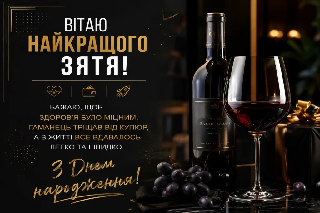 Вино та келих з словами привітань для зятя