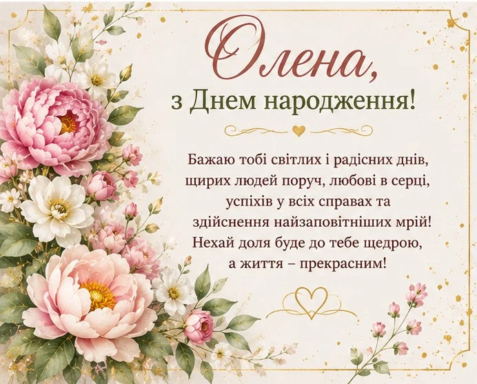 Листівка у пастельних тонах ніжними мальованими квітами та привітанням для Олени